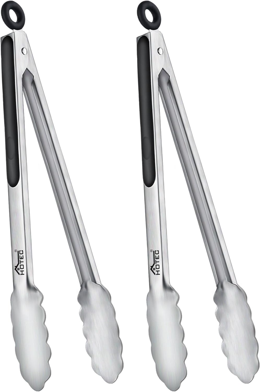 Hotec Stainless Steel Kitchen Tongs, Set of 2-9", Locking Metal Food Tongs for Cooking, Serving, BBQ, Grill Non-Slip Grip