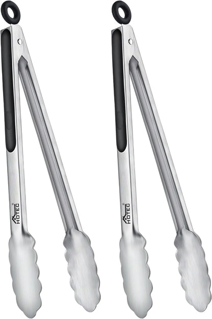 Hotec Stainless Steel Kitchen Tongs, Set of 2-9", Locking Metal Food Tongs for Cooking, Serving, BBQ, Grill Non-Slip Grip