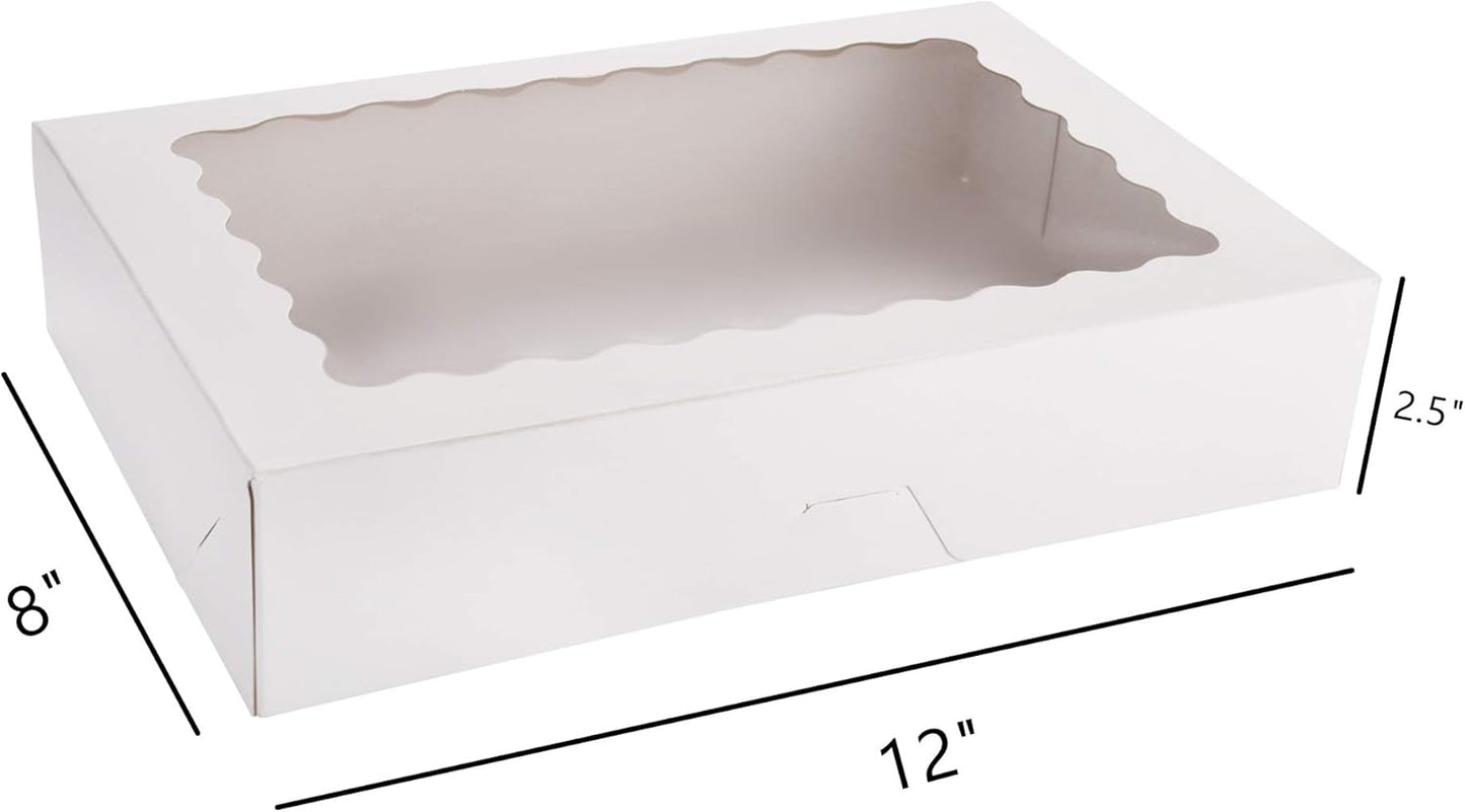 Tcoivs 20-Pack Bakery Boxes with Window, 12" x 8" x 2.5", Large White Cookie Boxes, Auto-Popup Treat Boxes for Pies, Cakes, Muffins, Donuts and Pastries