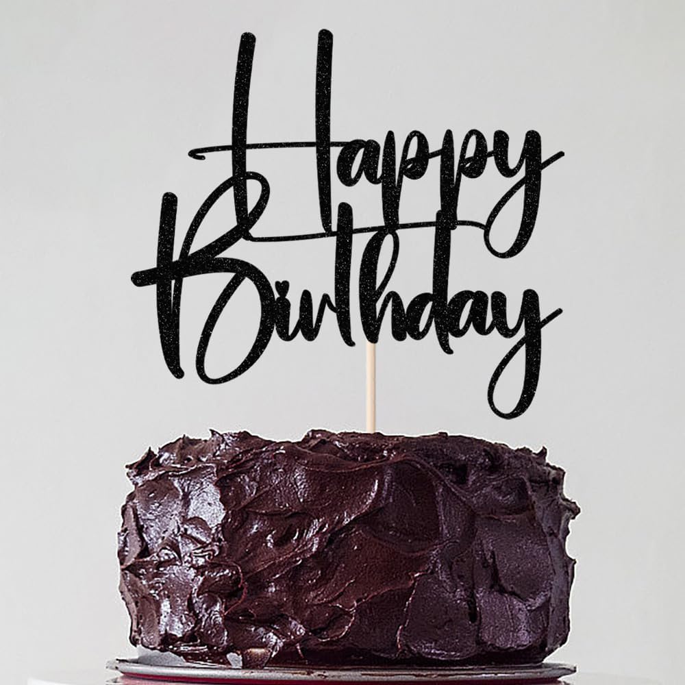 Happy Birthday Cake Topper,black Glitter Cake Pick Bunting Decor for Anniversary Birthday Party Cake Decorations Supplies