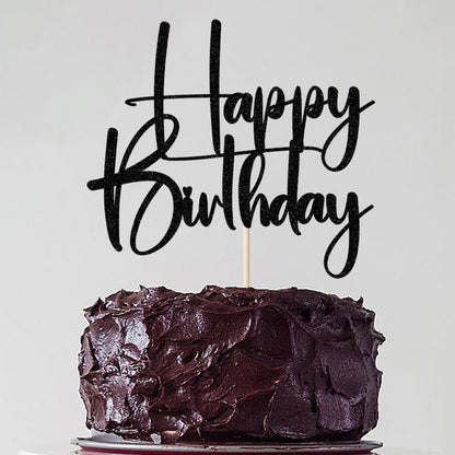 Happy Birthday Cake Topper,black Glitter Cake Pick Bunting Decor for Anniversary Birthday Party Cake Decorations Supplies