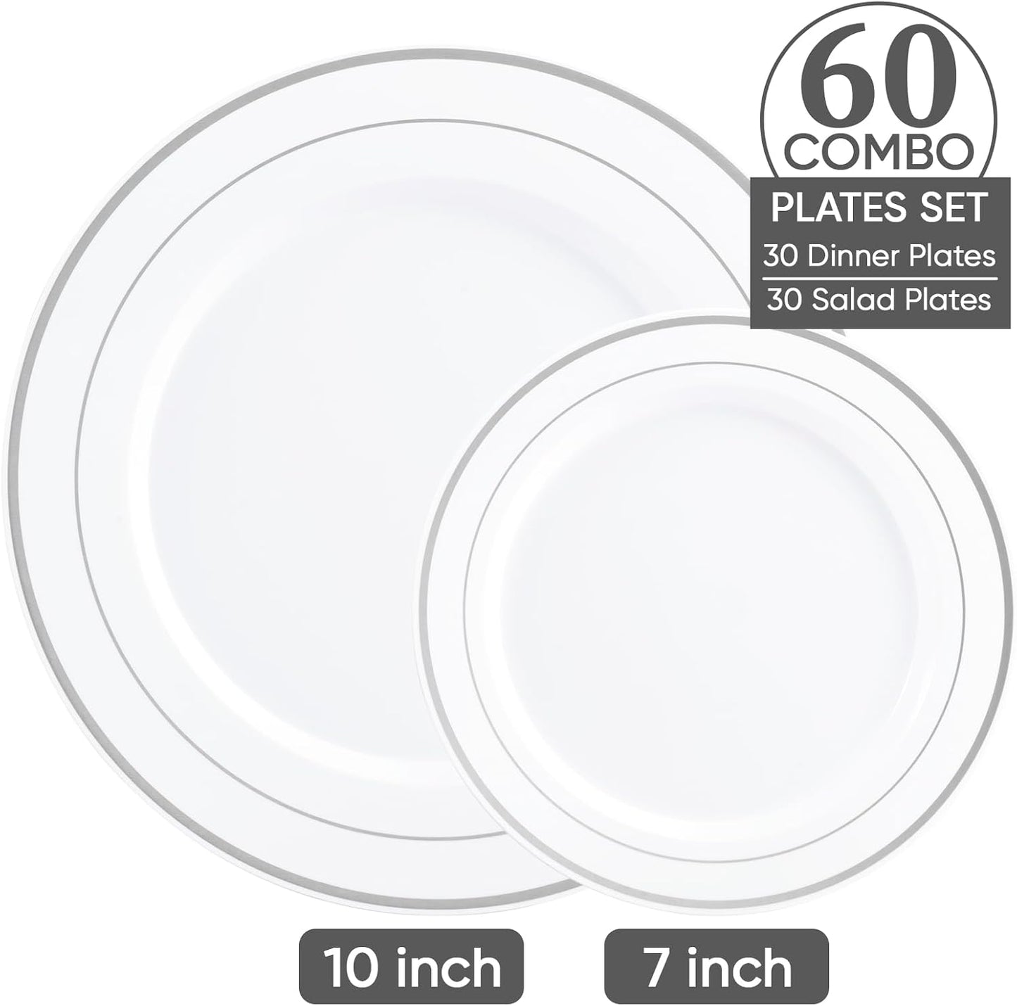 FOCUSLINE Silver Plastic Plates Set of 60, Disposable Plates with Silver Rim 30 Dinner Plates 10" and 30 Salad Dessert Appetizer Plate 7", Elegant Fancy Heavy Duty Wedding Party Plates
