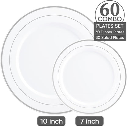 FOCUSLINE Silver Plastic Plates Set of 60, Disposable Plates with Silver Rim 30 Dinner Plates 10" and 30 Salad Dessert Appetizer Plate 7", Elegant Fancy Heavy Duty Wedding Party Plates