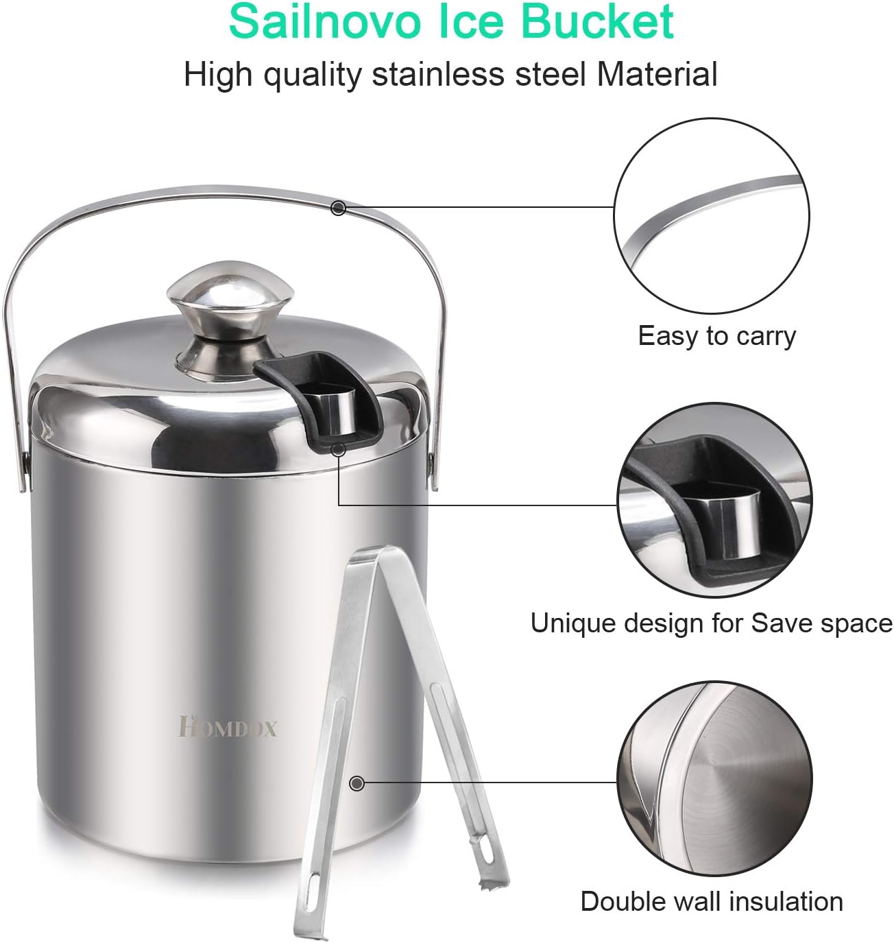 Sailnovo Mini Ice Bucket 1.2 Liter, Premium Compact Double-Wall Stainless Steel with Lid & Ice Tong, Ideal for Cocktails, Personal Bar, Small Parties - Silver