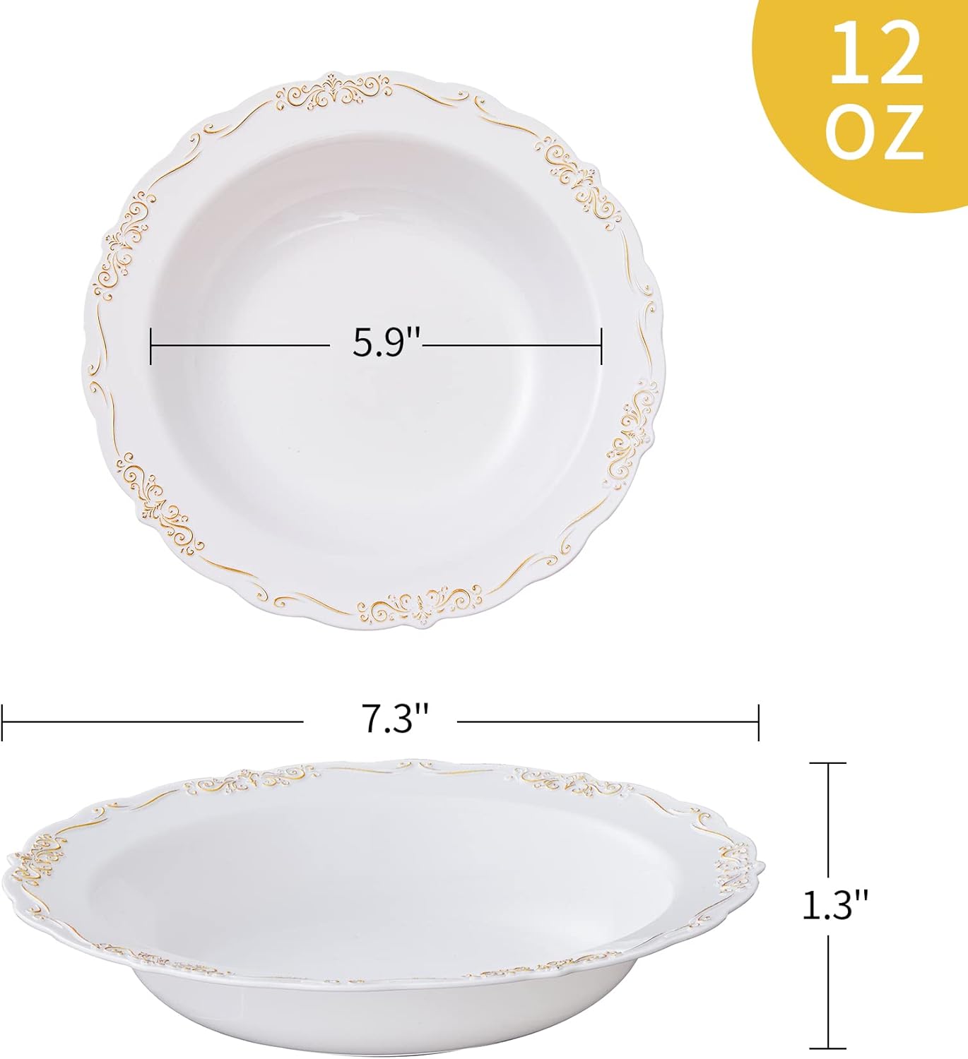 N9R 30PCS Disposable Plastic Bowls with Gold Rim, 12 oz Fancy White Plastic Bowls, Premium Dessert Salad Bowls Perfect for Party, Wedding and Everyday Use
