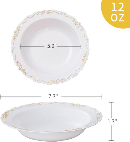 N9R 30PCS Disposable Plastic Bowls with Gold Rim, 12 oz Fancy White Plastic Bowls, Premium Dessert Salad Bowls Perfect for Party, Wedding and Everyday Use
