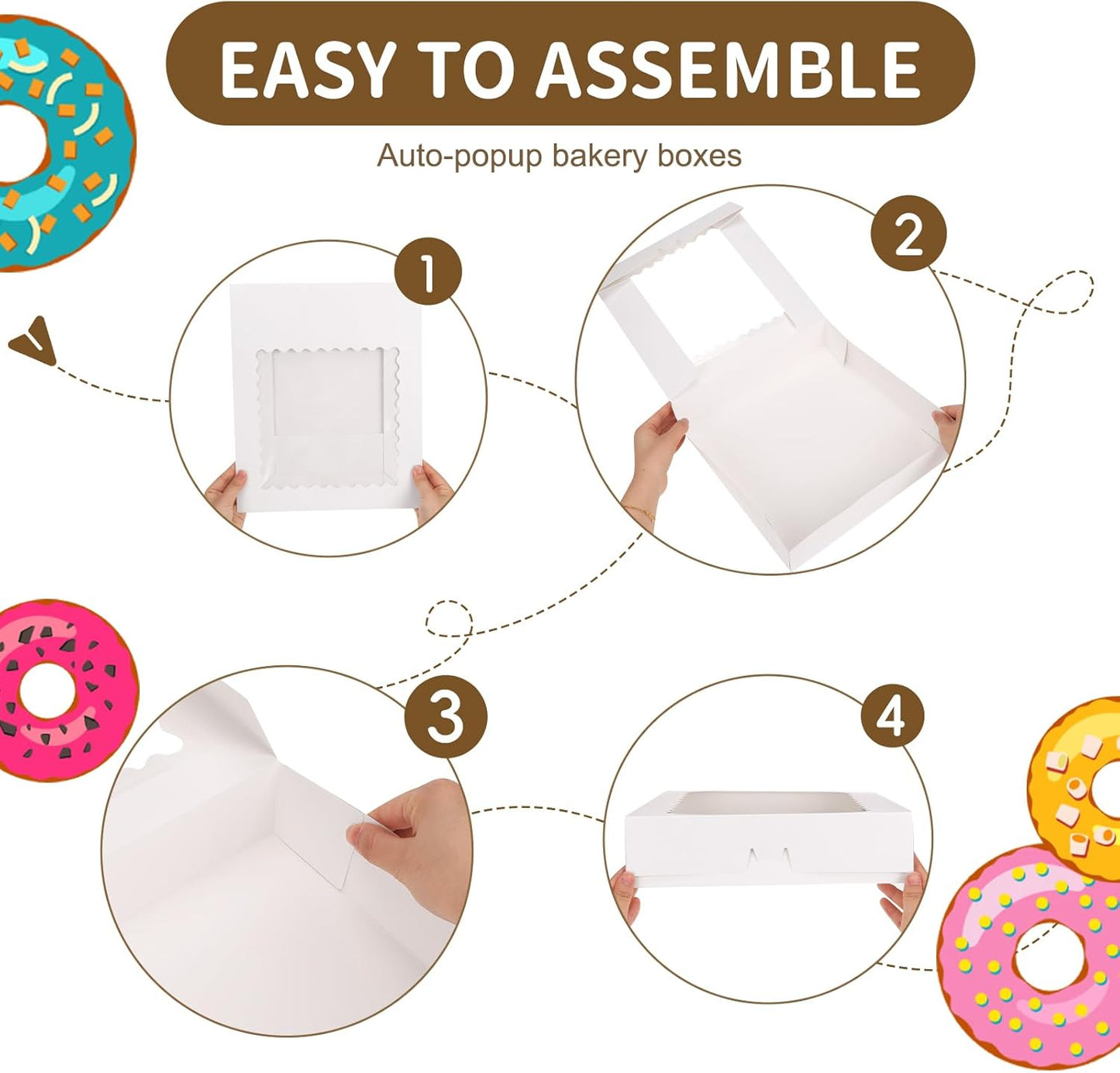 Moretoes 5pcs Pie Boxes, 12x12x2.5 White Bakery Boxes with Window, Auto-Popup Cookie Boxes for Pies, Dessert Boxes Treat Boxes for Pizza, Strawberries, Chocolate, Pastries, Muffins and Donuts