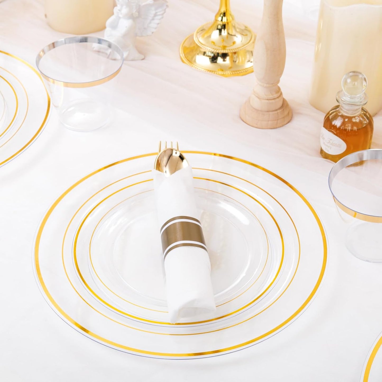 WELLIFE 350-Piece Gold Disposable Plates and Cutlery Set - Premium 10.25" Dinner Plates, 7.5" Dessert Plates, 9oz Cups & Cutlery for Weddings, Catering Events - 50 Guest Service - Elegant & Sturdy