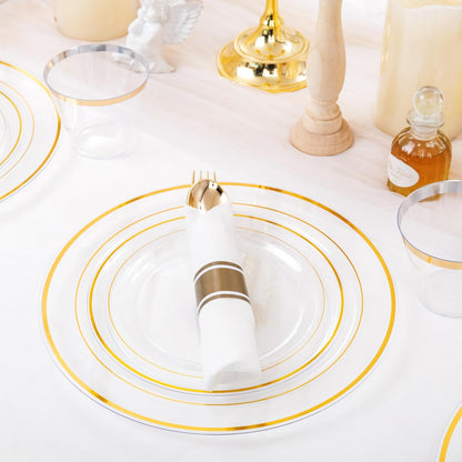 WELLIFE 350-Piece Gold Disposable Plates and Cutlery Set - Premium 10.25" Dinner Plates, 7.5" Dessert Plates, 9oz Cups & Cutlery for Weddings, Catering Events - 50 Guest Service - Elegant & Sturdy