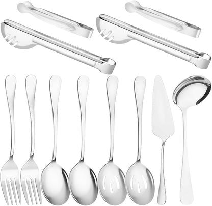 12 Pcs Gold Serving Utensils Set Include Stainless Steel Large Serving Spoons Slotted Spoons Forks Soup Ladle Pie Server - Metal Utensils for Parties Buffet Catering, Dishwasher Safe