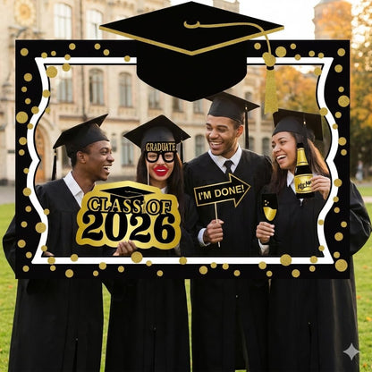 2026 Graduation Selfie Photo Booth Frame Black and Gold with 18Pcs Graduation Photo Booth Props, Upgraded Version with Support Cardboard, 2026 Grad Party Pose Sign