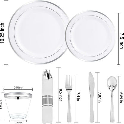 WELLIFE 350-Piece Gold Disposable Plates and Cutlery Set - Premium 10.25" Dinner Plates, 7.5" Dessert Plates, 9oz Cups & Cutlery for Weddings, Catering Events - 50 Guest Service - Elegant & Sturdy