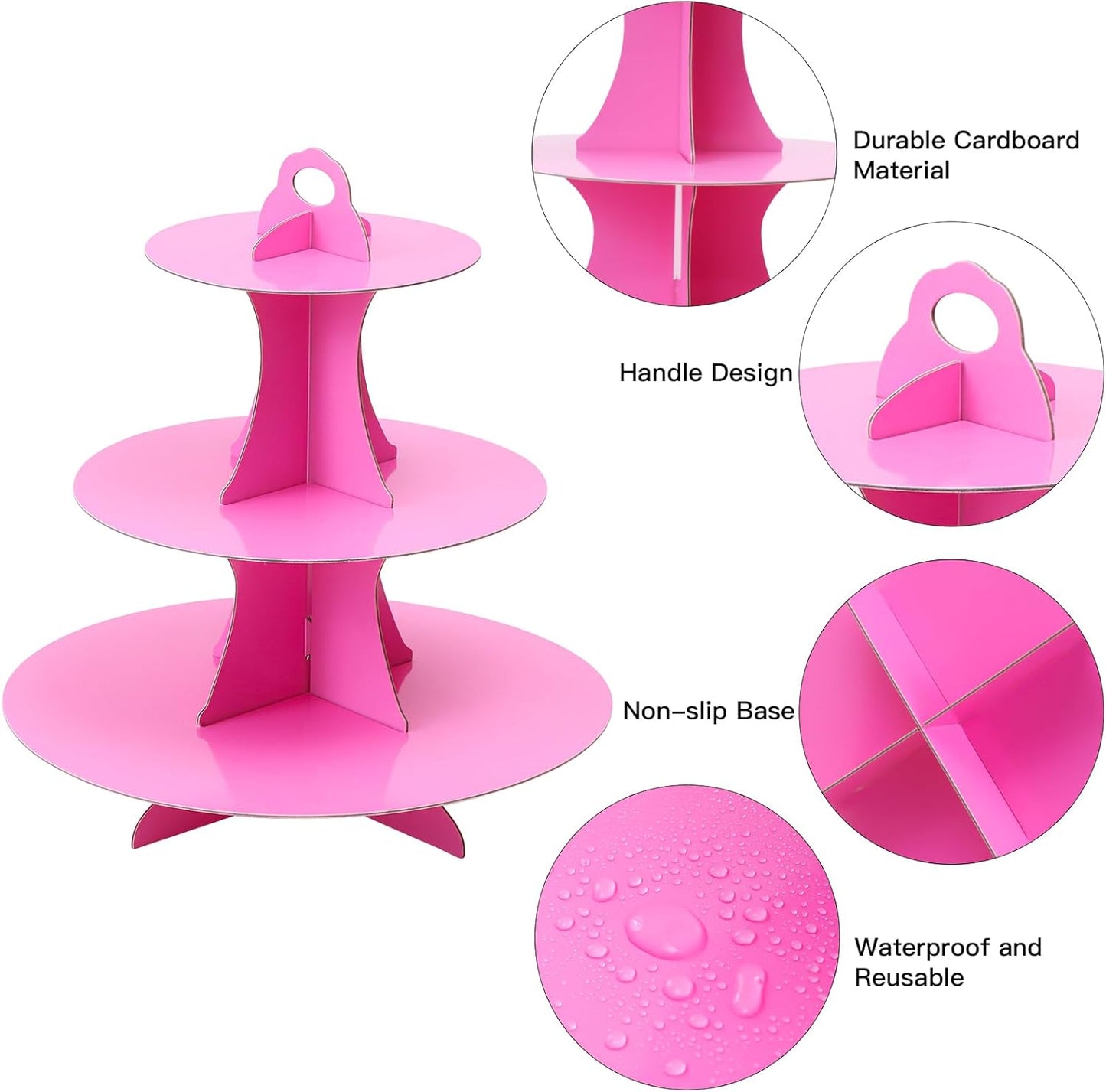 Soleebee 3-Tier Round Cupcake Stand, Cardboard Cupcake Tower, Dessert Cup Cake Stand Tower for Birthday Wedding Party Decoration, Cupcake Tier Stand 1 Set (Hot Pink)