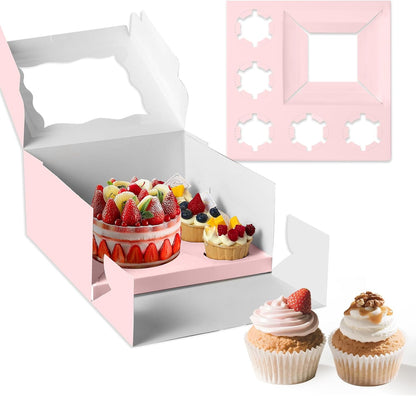 10 Packs Bento Cake and Cupcake Box 3 Holes Fit 2 Cupcakes and 1 Mini Cake Box with Clear Window and Stickers for Cake Cupcake Cookie or Easter and Mother’Day. (1+2/10pcs)
