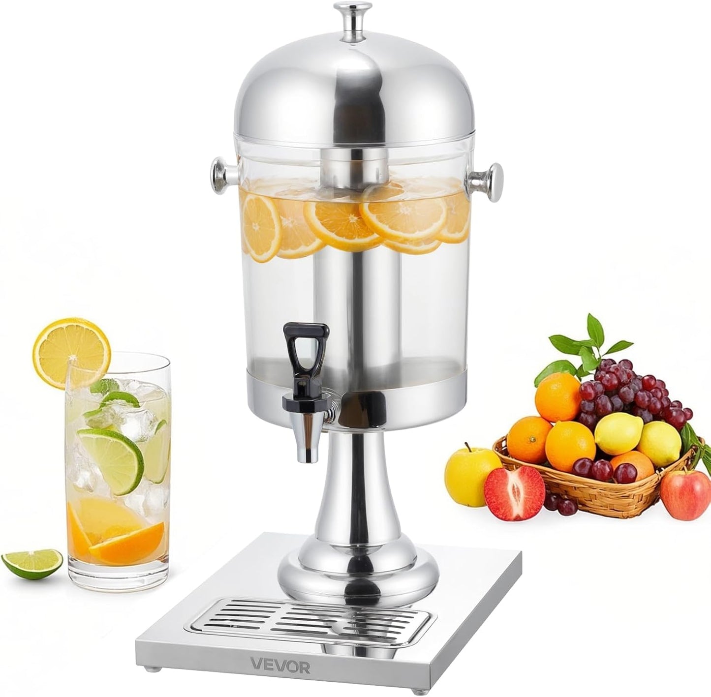 VEVOR Beverage Dispenser, 2.1 Gallon x 2 Drink Dispenser for Parties, Stainless Steel + Plastic Juice Dispensers with Spigot Ice Chamber Tray, Iced Tea Lemonade Dispensers, for Restaurants, Hotels