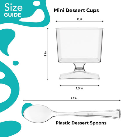 Exquisite Mini Dessert Cups With Spoons 200 Pcs - 2 Oz Square Clear Plastic Pudding Cups Disposable With Tasting Spoons 100 Sets | Mini Parfait Cup | Appetizer Cup For Party & Events