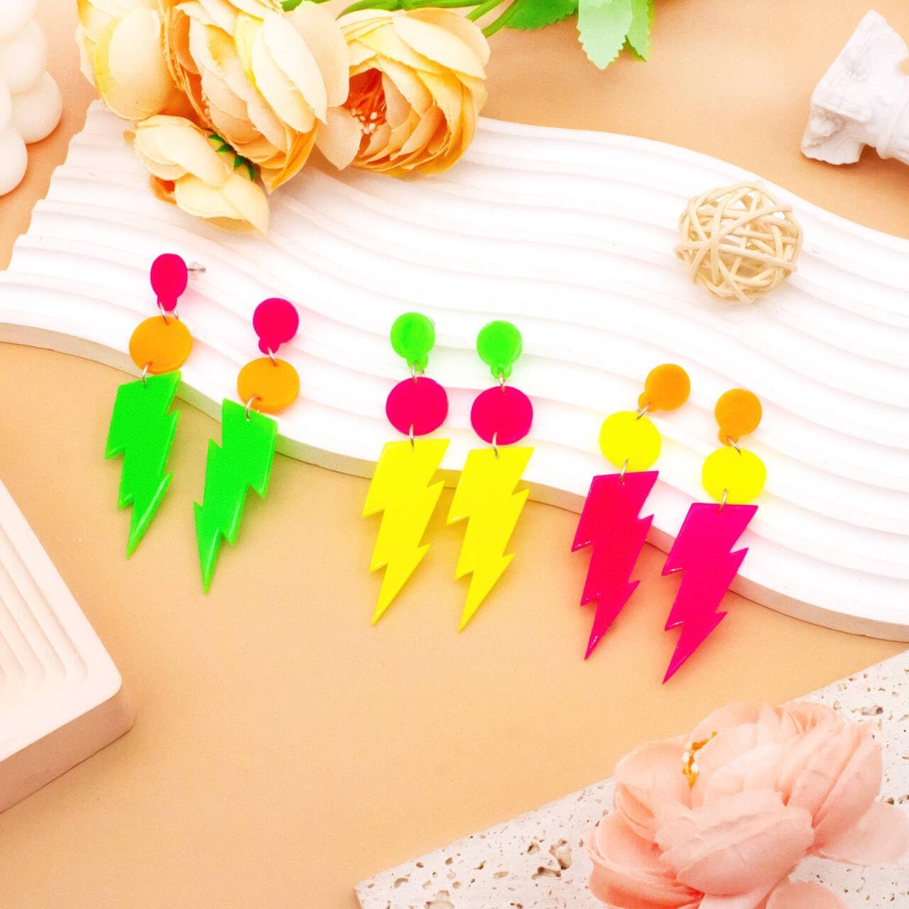 80s 90s Earrings for Women Colorful Lightning Acrylic Drop Earrings Neon Earrings Bulk for 80's 90's Outfit Glow Party Halloween 80s Accessories Jewelry