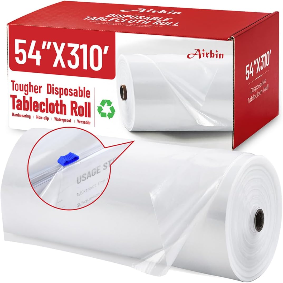 Plastic Table Cloth, 310 Ft X 54 in Disposable Tablecloth White Plastic Tablecloth with Any Cut Sliding Cutters Premium Table Cover Roll for Picnics, Parties, Birthdays, Weddings