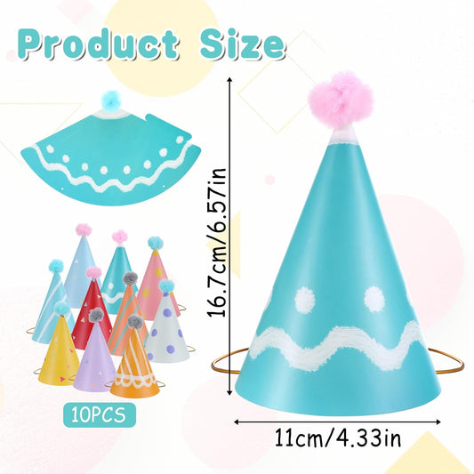 10 PCS Birthday Party Hats for Kids Adults, DIY Cone Hat with Pom Poms, Birthday Hats for Toddler Boys Girls, Paper Party Hat Fun Photo Props Baby Shower Celebration
