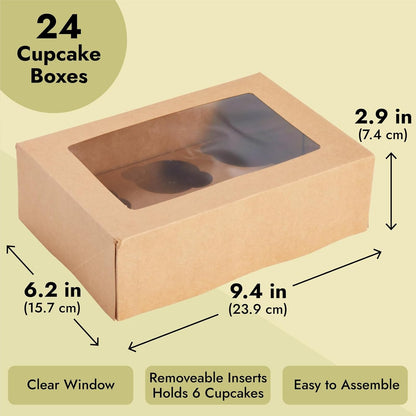Juvale Cupcake Boxes - 6 x 6 in, 24 Count, Brown - 4-Cup Insert & Clear Window Cupcake Containers & Muffin Boxes