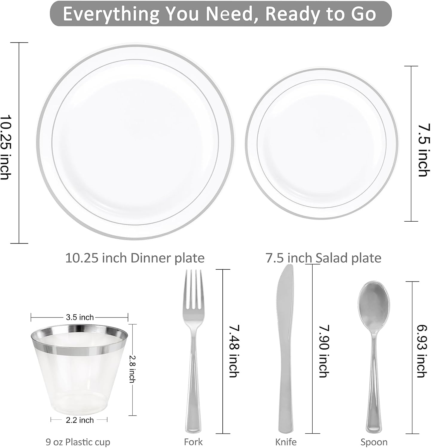 WELLIFE 350-Piece Gold Disposable Plates and Cutlery Set - Premium 10.25" Dinner Plates, 7.5" Dessert Plates, 9oz Cups & Cutlery for Weddings, Catering Events - 50 Guest Service - Elegant & Sturdy