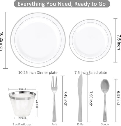 WELLIFE 350-Piece Gold Disposable Plates and Cutlery Set - Premium 10.25" Dinner Plates, 7.5" Dessert Plates, 9oz Cups & Cutlery for Weddings, Catering Events - 50 Guest Service - Elegant & Sturdy