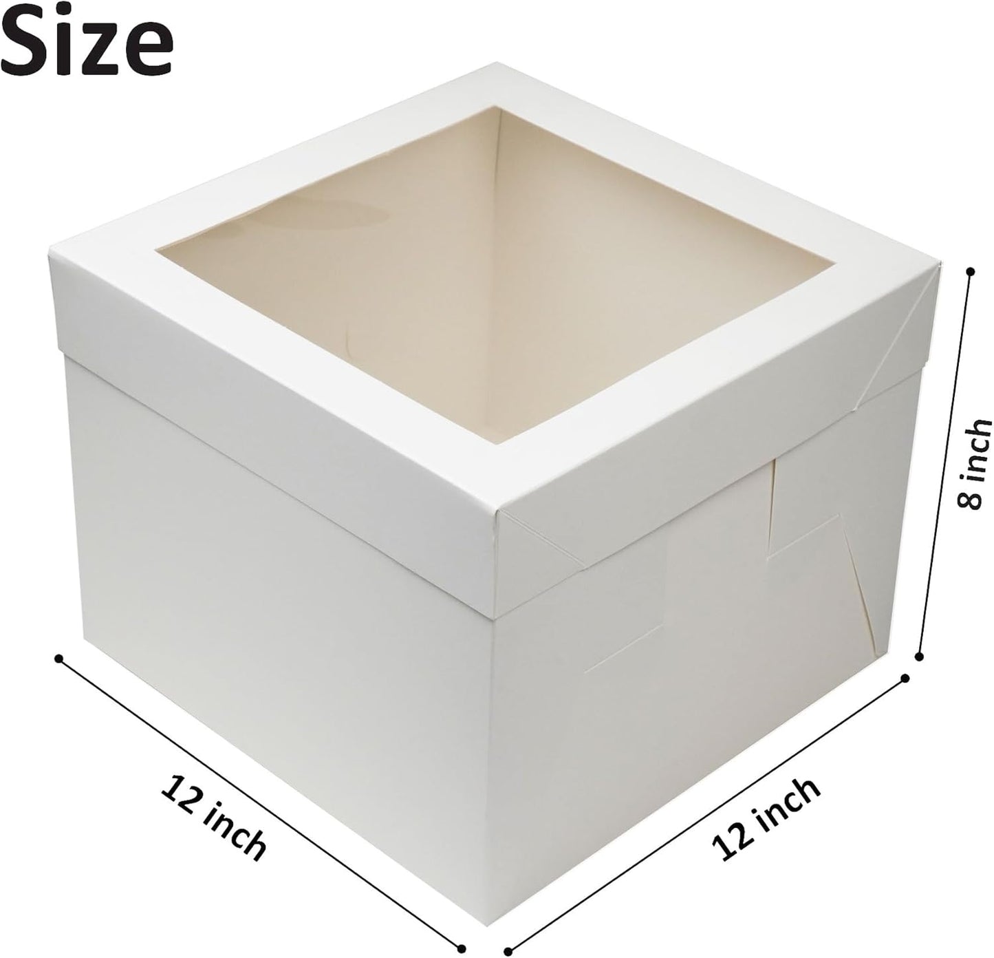 12 inches White Cake Box with Cake Board, 1/2 inch Thick Silver Cake Drum Set, Square Bakery Box with Window Lid and Cake Board Combo, Disposable Container for Bakery (12x12x8“)