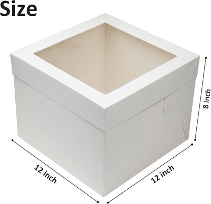 12 inches White Cake Box with Cake Board, 1/2 inch Thick Silver Cake Drum Set, Square Bakery Box with Window Lid and Cake Board Combo, Disposable Container for Bakery (12x12x8“)