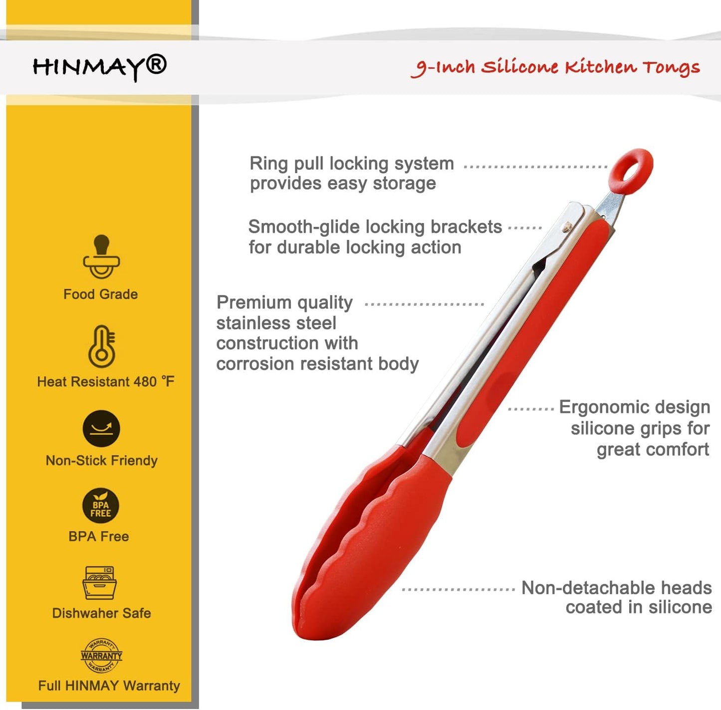 HINMAY Serving Tongs 9-Inch Cooking Tongs with Silicone Tips, Set of 3 (Black)