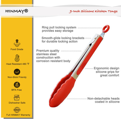 HINMAY Serving Tongs 9-Inch Cooking Tongs with Silicone Tips, Set of 3 (Black)