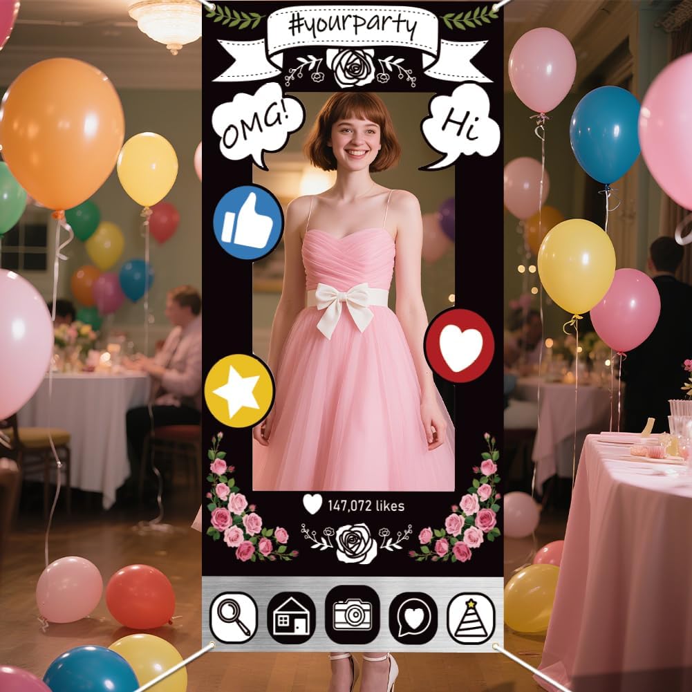 WADORN Social Media Photo Frame Props for Party Decor, 5.9x2.9ft Booth Selfie Frame with Emoji Speech Bubble Photo Door Backdrop Props Decor Large Fabric Photography Background Party Supplies