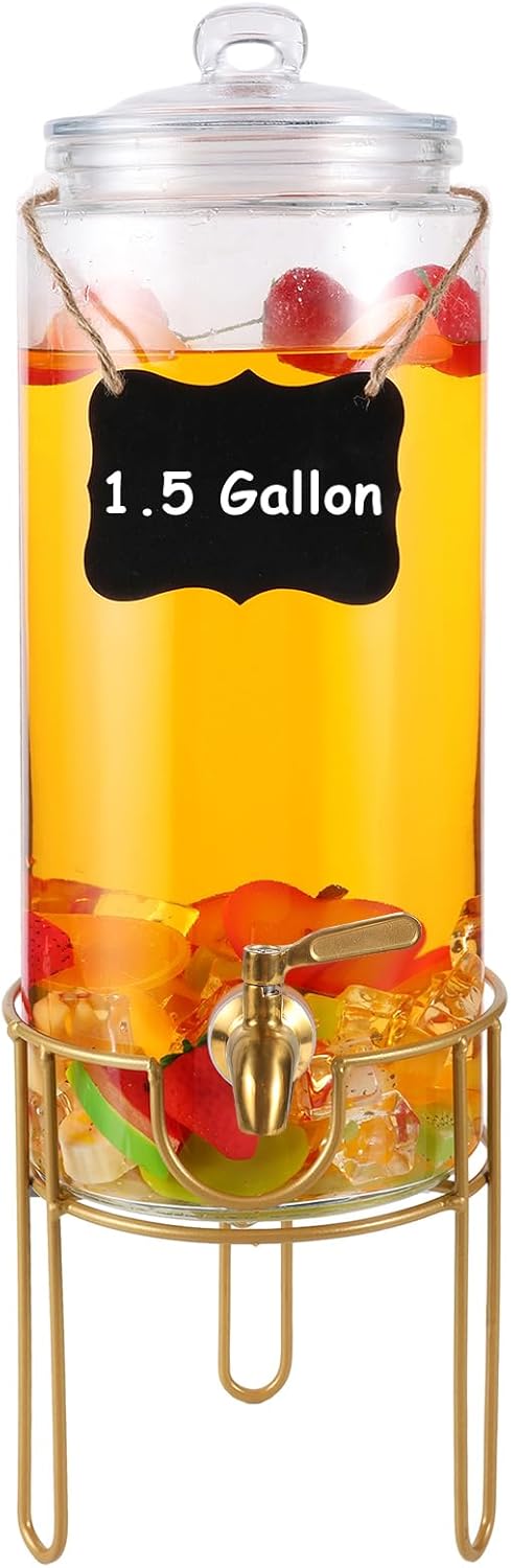 Drink Dispensers for Parties 1 Gallon, Bevarage Dispenser with Stand,Glass Drink Dispenser With Stainless Steel Spigot + Marker & Chalkboard, Ideal for Lemonade,Juice, Tea, and Party Drinks