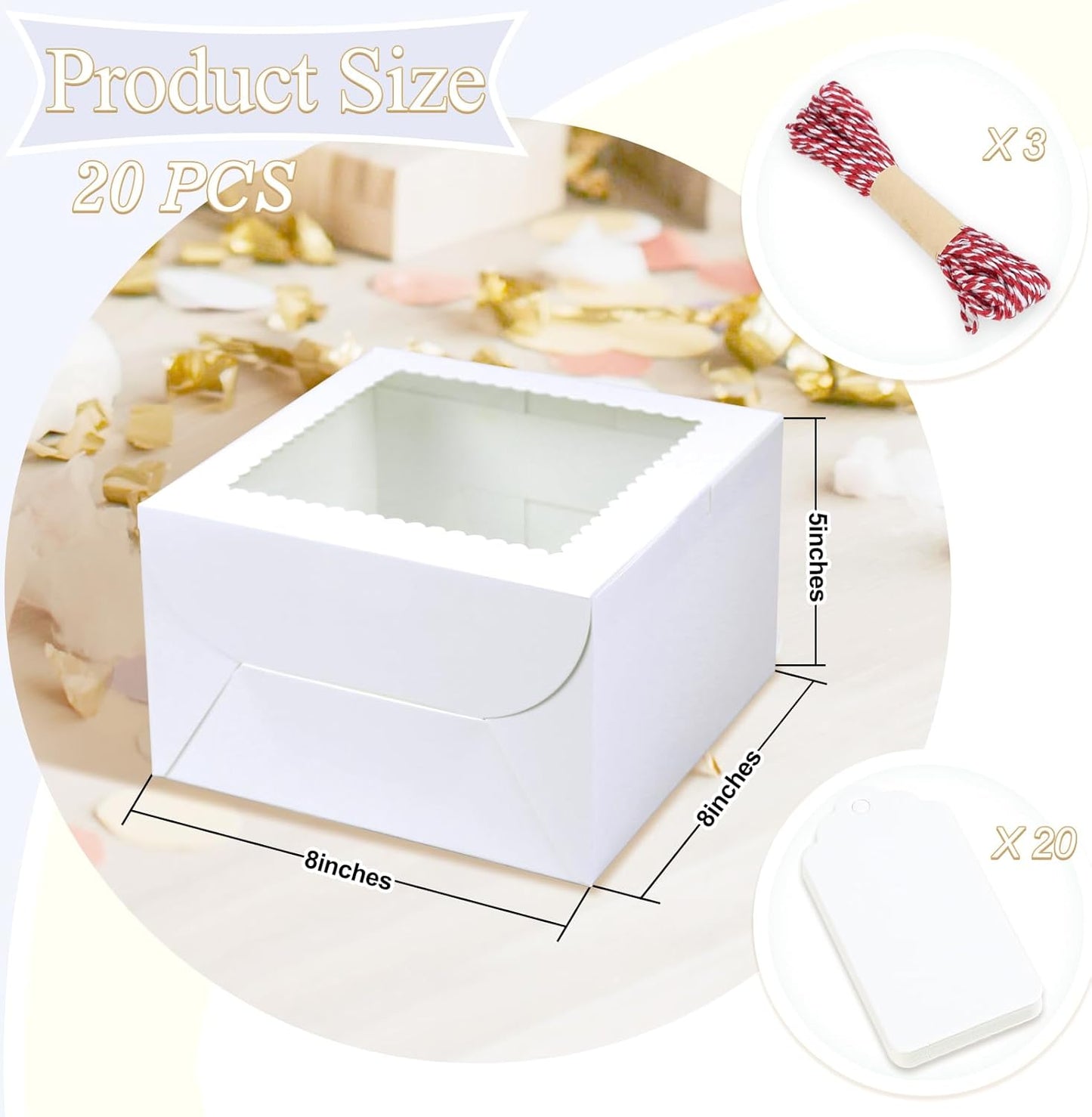 20Pcs 8 Inch Cake Boxes with Window, 8x8x5 Inches Brown Bakery Boxes, Cake Carrier Container for Pastries, Pie, Cookies, Chocolates, Cupcakes, Birthday Party, Wedding