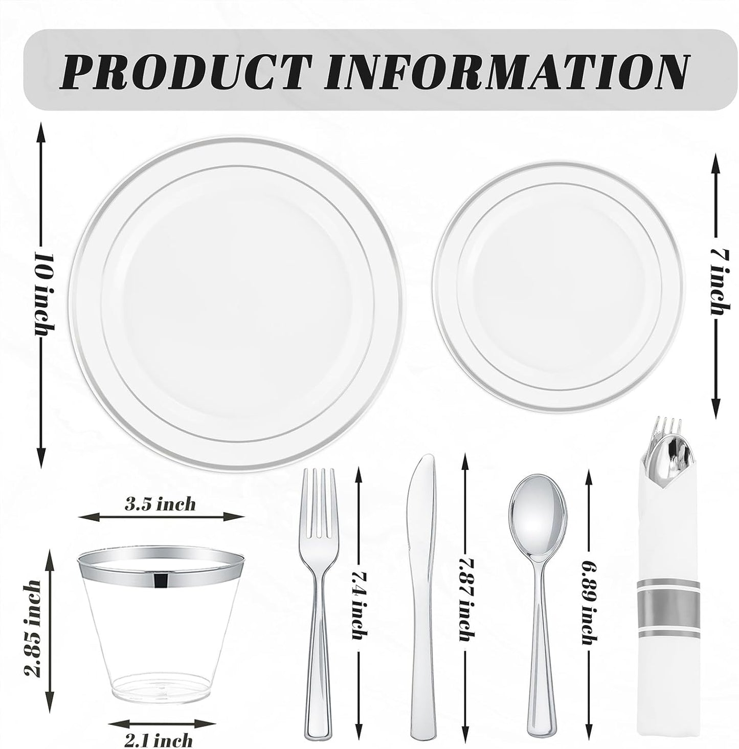 350 Pieces Black and Gold Plastic Plates with Disposable Silverware, Include 50 Dinner Plates 9”, 50 Dessert Plates 6.3”, 50 Black Cups 9 OZ, 50 Pre Rolled Napkins for Wedding Party Graduation