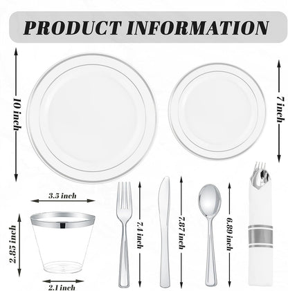 350 Pieces Black and Gold Plastic Plates with Disposable Silverware, Include 50 Dinner Plates 9”, 50 Dessert Plates 6.3”, 50 Black Cups 9 OZ, 50 Pre Rolled Napkins for Wedding Party Graduation