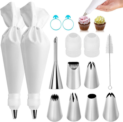 9-Piece Reusable Piping Bags and Tips Set- Cotton Baking Kit with Coupler, Stainless Steel Nozzles & Cleaner for Cakes/Cupcakes/Cookies Decorating