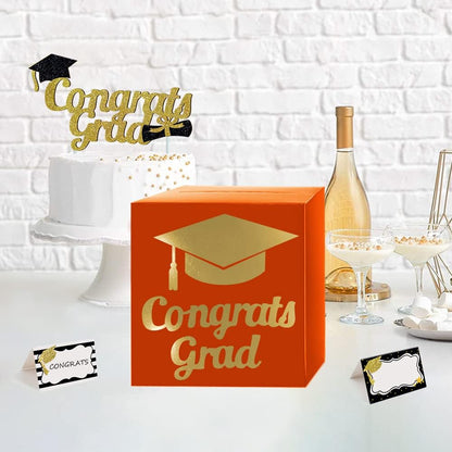 Graduation Card Box Holder, Congrats Grad Foldable Cardboard Decorations Box for Graduation Party Decoration and Grad Parties (Black)