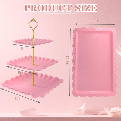 5 Pcs Dessert Table Display Set, White Plastic 2 Pcs Round 3 Tier Cupcake Stand Cup Cake Tower Stand with Metal Rod & 3 Pcs Serving Tray for Baby Shower, Tea Party, Wedding, Birthday Party