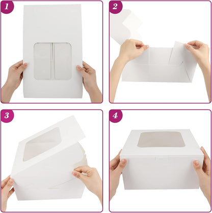 Moretoes 24pcs Cake Boxes, 10x10x5 Inches White Square Bakery Boxes with Window Cajas Pasteles for Cake, Mother's Day, Pastries, Chocolates, Cookies, Pie, Birthday Party, Wedding, Graduation