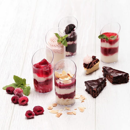 Zezzxu 50 Pack Mini Dessert Cups with Spoons, 2.2 oz Plastic Small Dessert Shotter Cups Slanted Appetizer Cups for Serving Mousse Pudding Triffle
