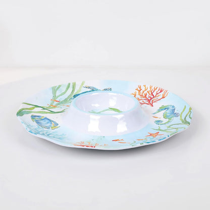 UPware Sea Life Melamine Chip and Dip Serving Tray, Round Serving Platter for Chips, Salsa, Fruit, and Snacks, Multicolor, 13.5 Inch