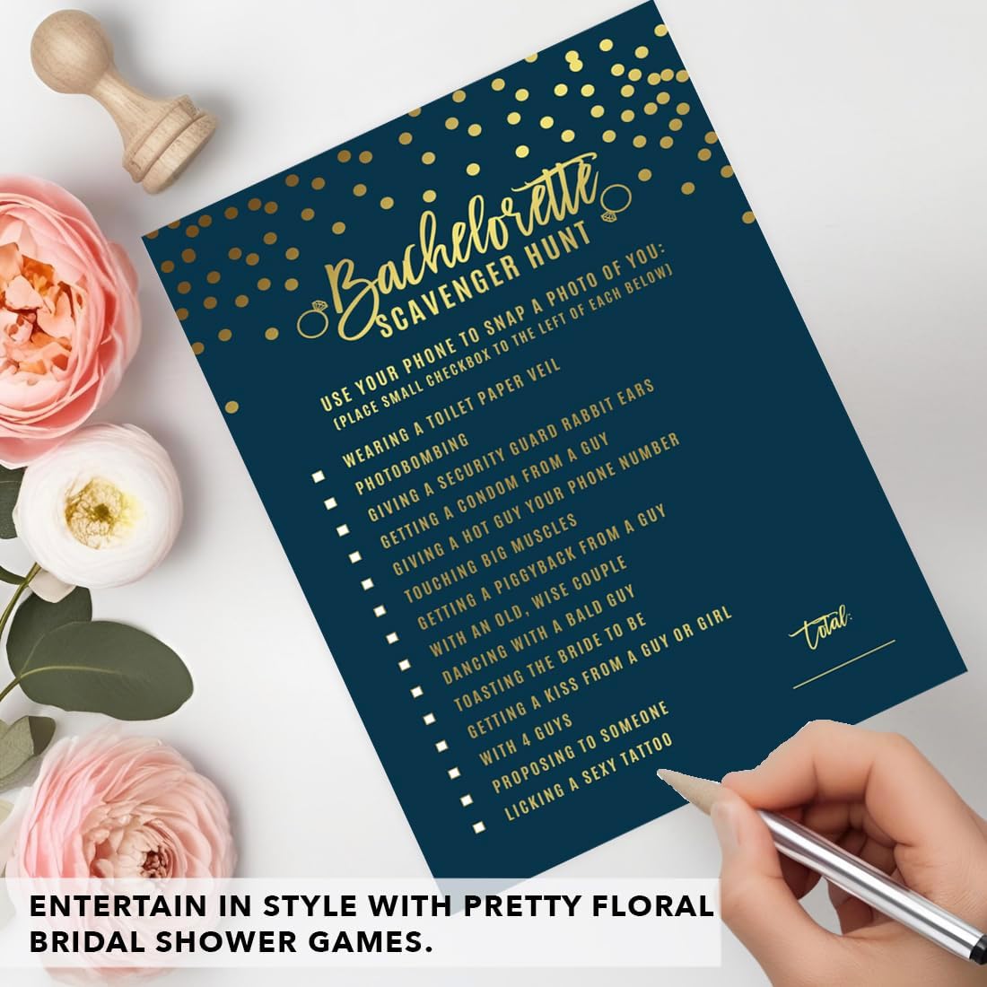 Andaz Press Navy Blue and Metallic Gold Confetti Polka Dots Bachelorette Party Bridal Shower Collection, Scavenger Hunt Game Cards, 20-Pack