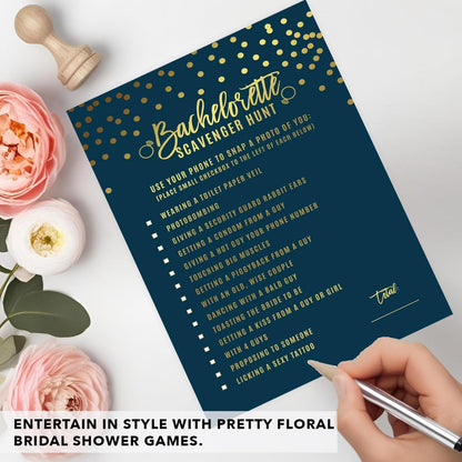 Andaz Press Navy Blue and Metallic Gold Confetti Polka Dots Bachelorette Party Bridal Shower Collection, Scavenger Hunt Game Cards, 20-Pack