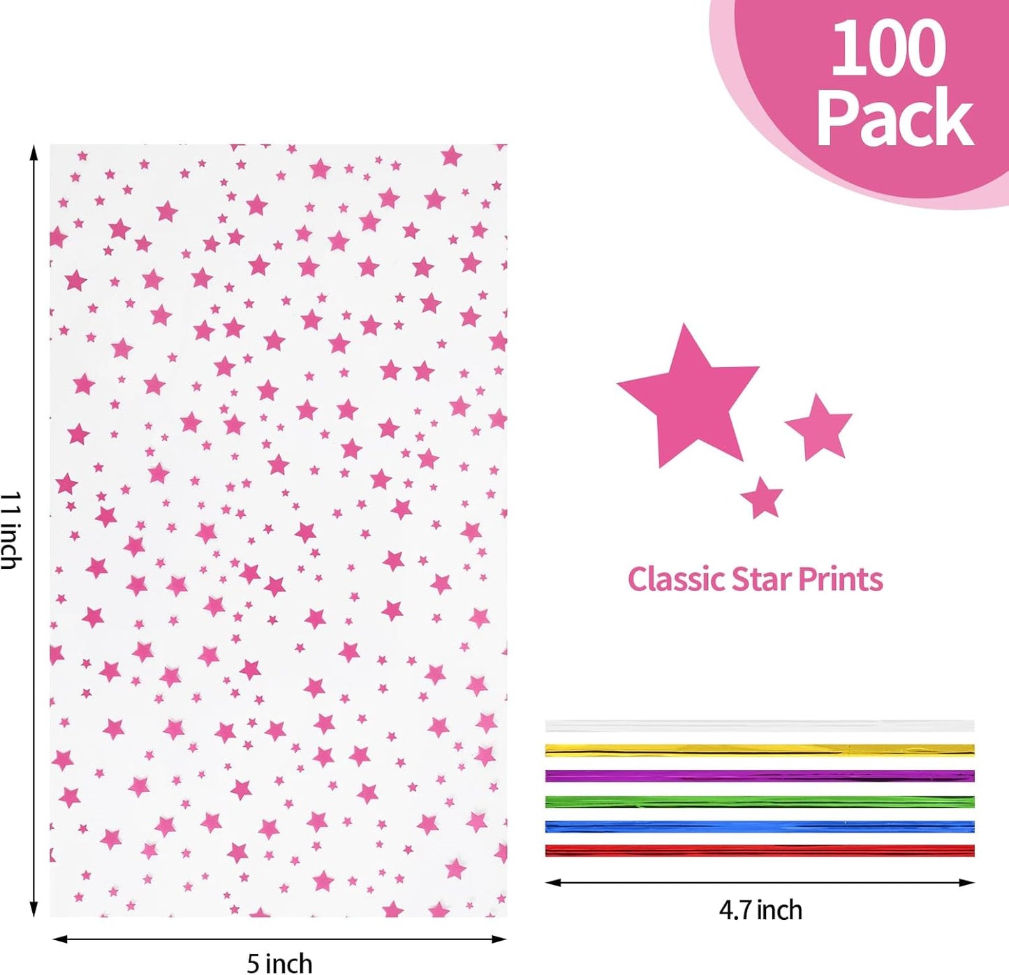 100 Pcs Star Printed 5"X 7" Gift Wrap Cello Cellophane Treat Bags Party Favor bags Clear Candy Cookie Bag Plastic Poly Goodie Storage Bag with Twist Ties for Bakery,Birthday, Wedding ,Party Decorations (Gold)