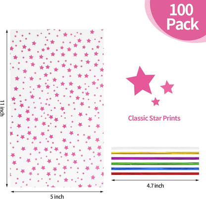 100 Pcs Star Printed 5"X 7" Gift Wrap Cello Cellophane Treat Bags Party Favor bags Clear Candy Cookie Bag Plastic Poly Goodie Storage Bag with Twist Ties for Bakery,Birthday, Wedding ,Party Decorations (Gold)
