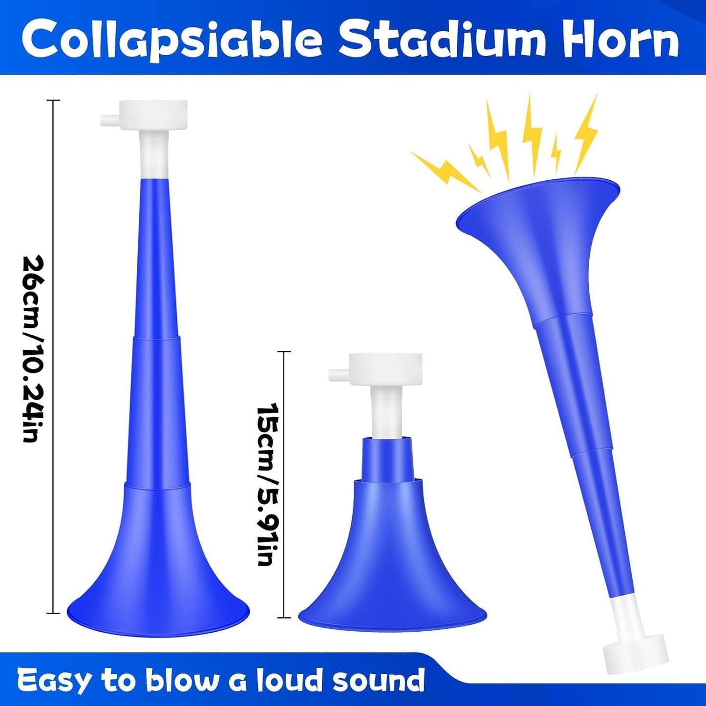 Denylo pro Collapsible Stadium Horn 24 Inch Vuvuzela Plastic Trumpet Horn Blue Blow Horn Loud Sound Soccer Horn Noisemakers for Sporting Events Graduation Party Supplies