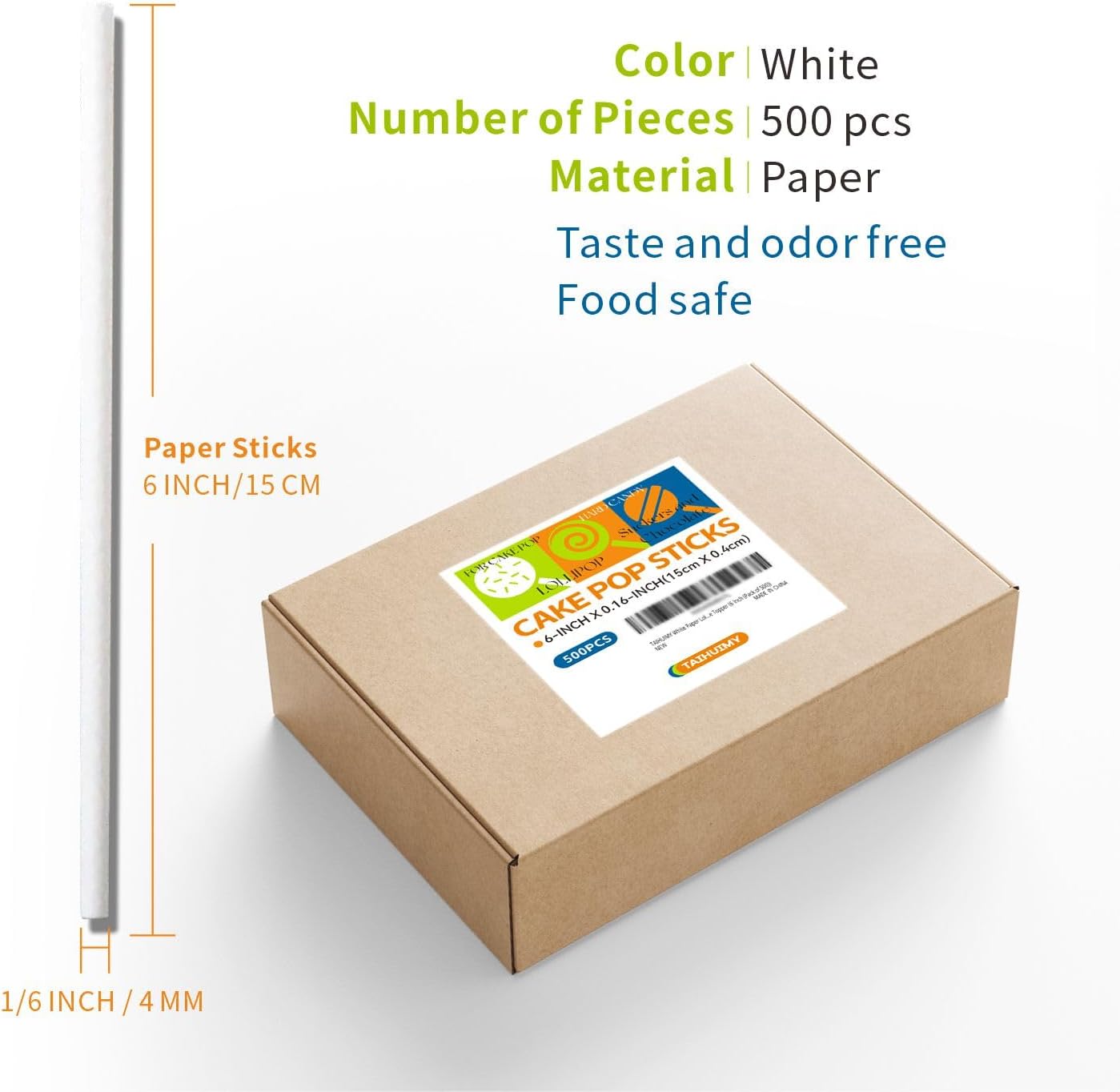 200 Count 6 INCH White Paper Lollipop and Cake Pop Sticks,Sucker Sticks for Cookies,Rainbow Candy,Chocolate,Cake Topper(Dia 4mm)