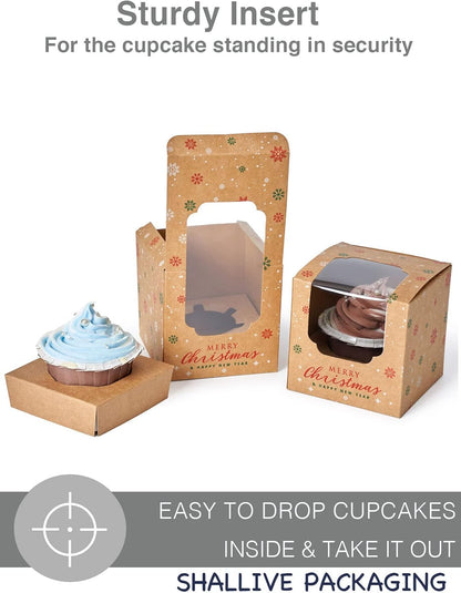 100 Pcs Kraft Brown Cupcake Boxes Individual Bulk Paper Cupcake Containers Single with Insert and Window, Pop up Cookie Boxes and Cocoa Bombs Boxes Packaging for Bakery Gift Giving