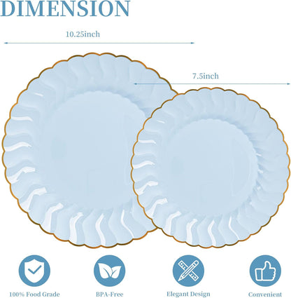 Lullaby 60PCS Ivory Scalloped Plastic Plates with Gold Rim, Disposable Elegant Plates Include 30pcs Dinner Plate 10.25", 30pcs Plastic Dessert Plate 7.5", Perfect for Wedding and Party
