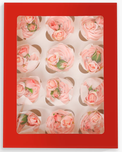 Bakepacker Auto-pop Up Cupcake Boxes with Window White 20PCS 12 Count Cupcake Box 13"x10"x3.5" Cupcakes Carrier, 12 Cupcake Containers with rolls of pink ribbons